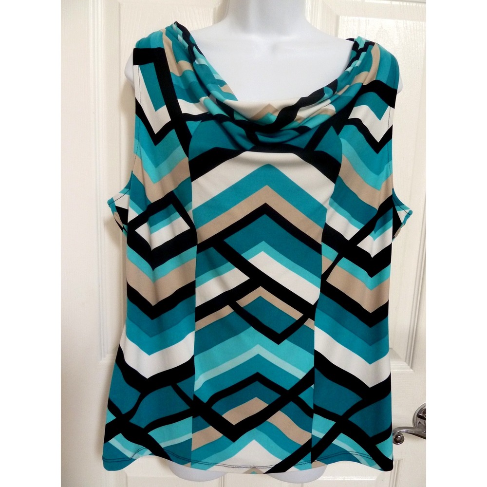 Calvin Klein XL 16 Waterfall Neck Career Office Blouse Artsy Aqua Black Beige